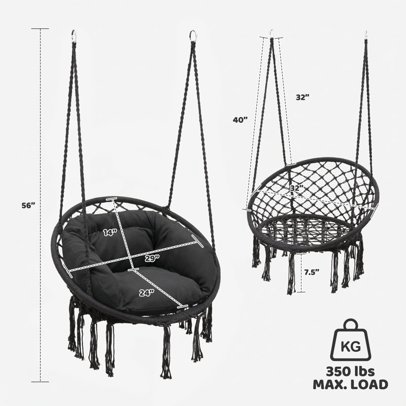 Chaise de hamac suspendue Macrame, balançoire en corde de coton pour 1 personne avec coussin et quincaillerie pour l'intérieur et l'extérieur