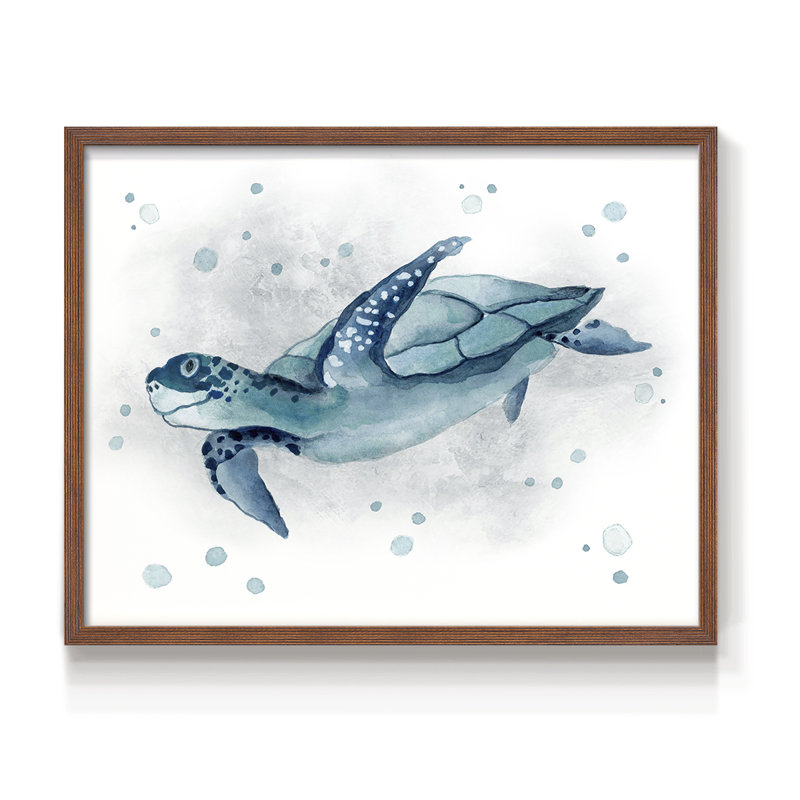 Tortue bleue II - reproduction encadrée - réarmable, H 8 po x l 10 po, Noyer