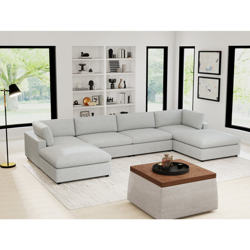 6-Piece Minimalist Modern Soft-Upholstered Sectional With Two Ottomans