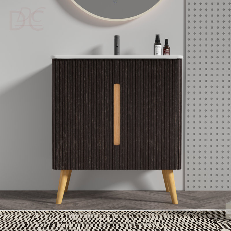 Ensemble de meuble-lavabo mural en chêne brossé 30 po avec lavabo, autoportant et mural pour salle de bain moderne
