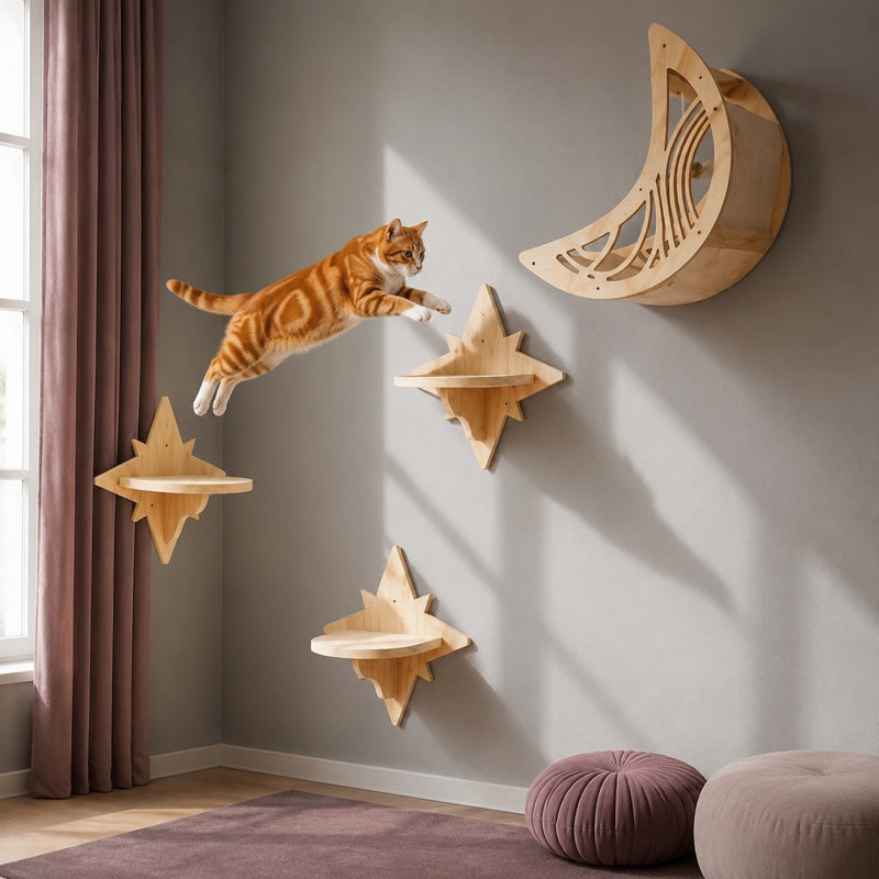 Des découpes décoratives en forme de lune et d'étoiles composent ce système d'escalade murale en bois pour chats d'intérieur ; ces tablettes modernes pour chatons sont peu encombrantes, stables et sécuritaires, peuvent être peintes et sont pré-percées.