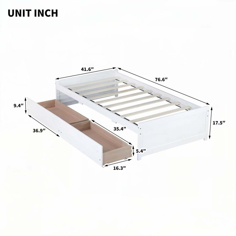 Solid Rubber Wood Bed  with 2 Drawers, White