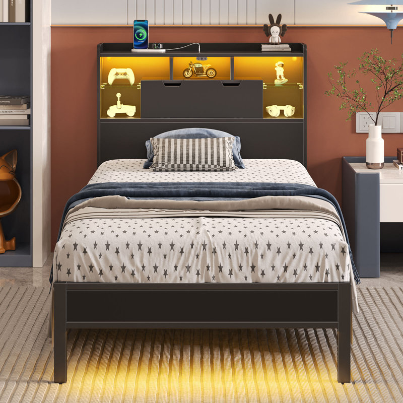 Zohreh Metal Bookcase Storage Bed with RGB LED Lights and Charging Station, Twin/Single