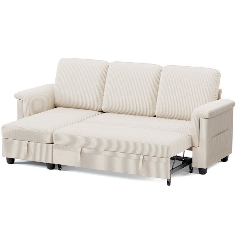 Corduroy Versatile Sectional Couch, Small Sleeper Sofa With Pull-out Bed And Storage, Beige Corduroy