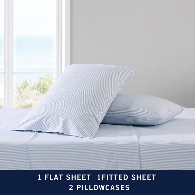 Bradford 200 Thread Count Breathable Cotton Percale Sheet Set, Full Sheet Set with 2 Pillowcases, Penny Pinstripe Blue