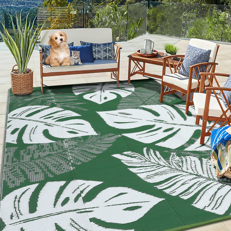 Outdoor Plastic Straw Rug 9x12ft, Waterproof & UV Resistant, Reversible Patio Carpet with Portable Storage Bag & 4 Stakes, Easy-Clean, Non-Slip, Modern Area Mat for RV, Camping – Green