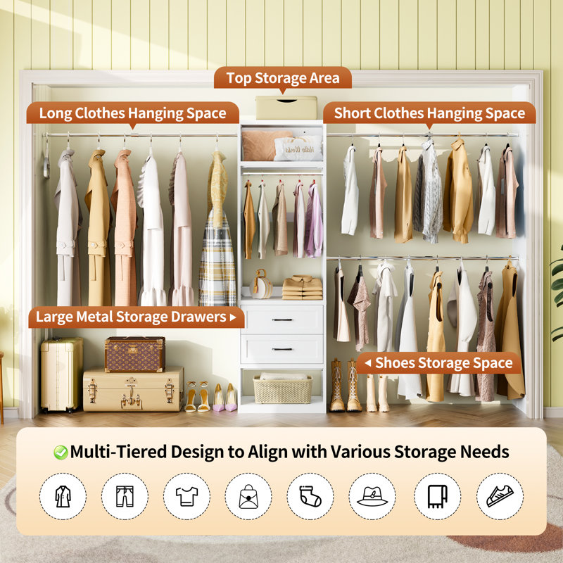 79"h Closet System, 2-8.2ft Metal Closet Organizer With 4 Expandable Hanging Rods, Walk In Closet Organizers And Storage, Clothes Closet With 5 Hanging Zones, 2 Drawers, 2 Shelving Towers