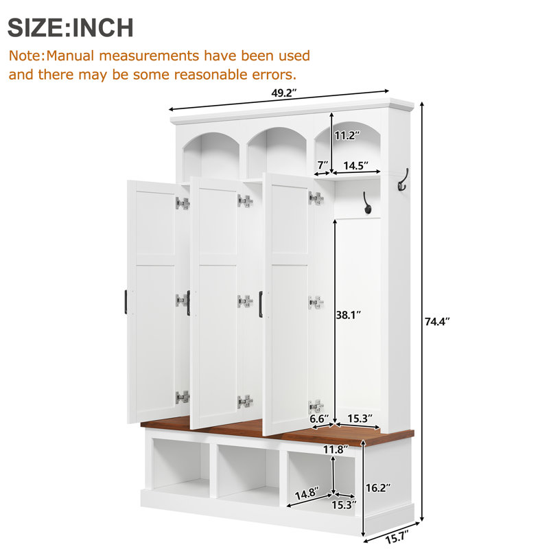 Porte-manteau classique arqué avec banc, mobilier de vestiaire de style campagnard, 3 placards de rangement dissimulés, 5 crochets, blanc