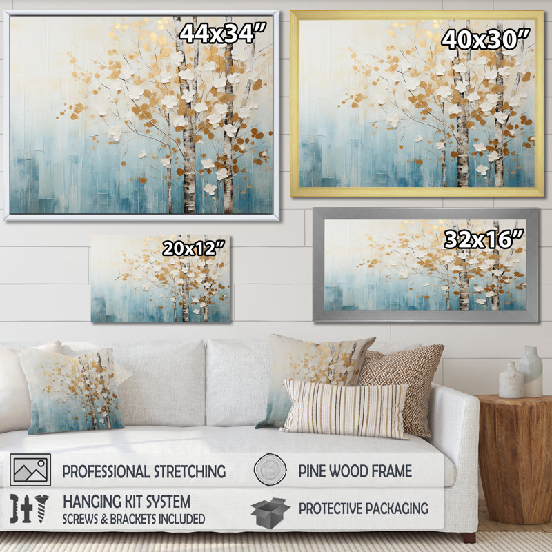 Minimalisme bleu et forêt dorée I - art mural forêt, H 30 po x l 40 po x P 1,5 po, Toile tendue