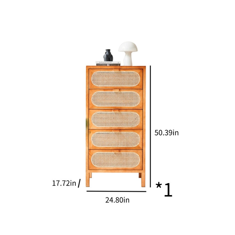 Large Capacity Solid Wood Rattan Accent Cabinet 5 -Drawer Accent Chest
