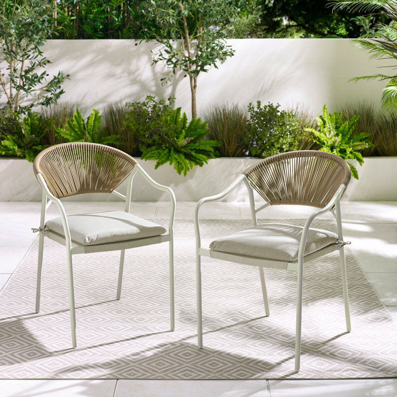 Alvino Set of Garden Dining Chairs - Metal Frame with Natural Rattan for Modern Boho Patio, Cream