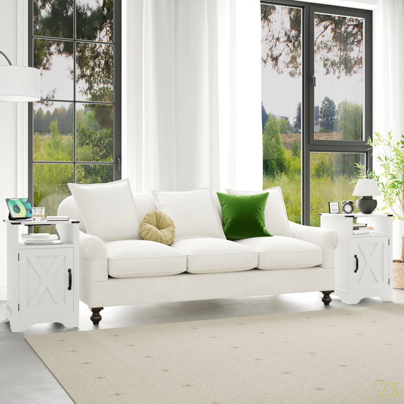 Table de chevet Farmhouse, table de bout rustique en bois, table de chevet haute avec prises de courant (2 ensembles), Blanc
