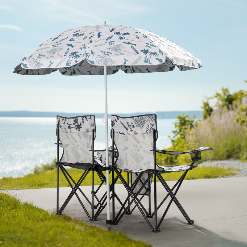 Portable Two Person Fishing Chair With Removable Umbrella, White&Gray