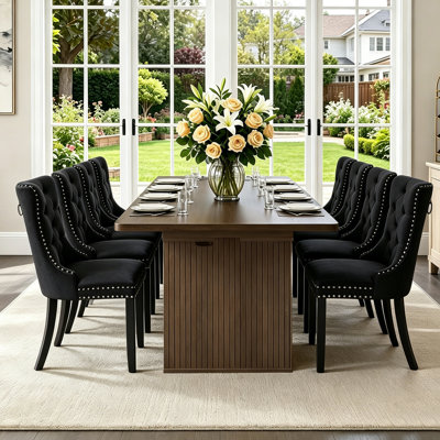 Ensemble table et chaises extensibles de 200 cm (78,7 po) pour 8 personnes avec chaises capitonnées en velours, style campagnard, en bois de noyer, avec base de rangement