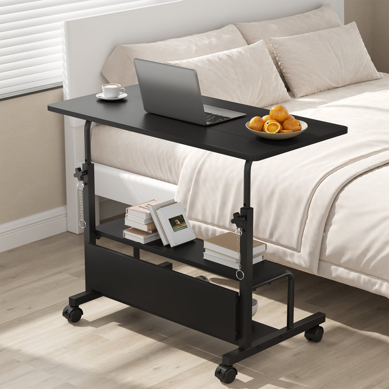 Manual Height Adjustable Standing Desk with Storage Shelf, Portable Mobile Computer Desk, Black