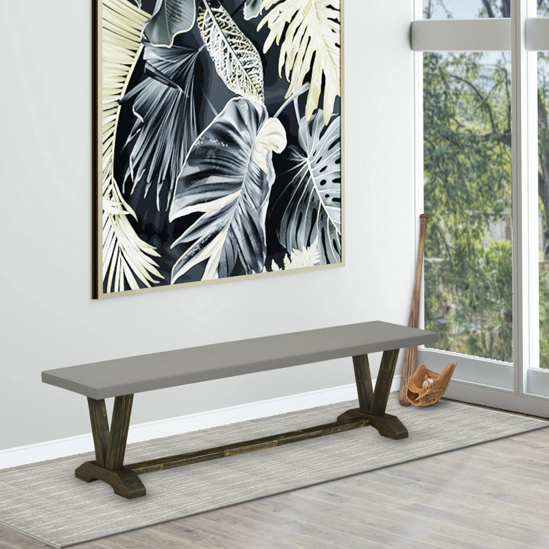 Banc de cuisine moderne en V avec siège en bois massif, ciment, H 18 po x l 15 po x P 72 po, Ciment / jacobin vieilli