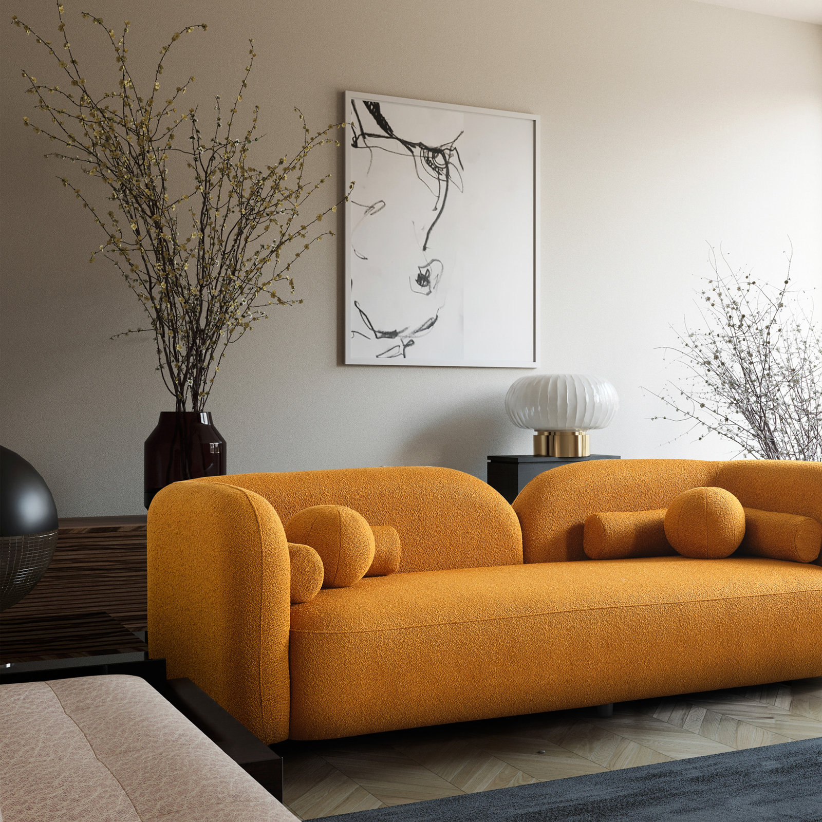 Katrien 93'' Upholstered Sofa, Dark Yellow Boucle