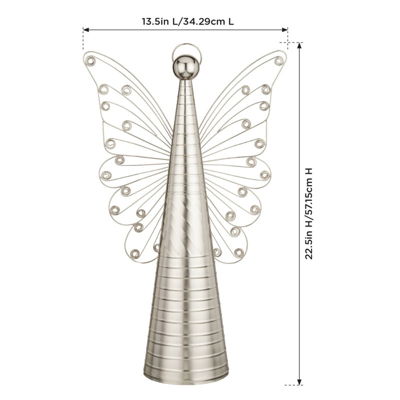 Décoration ange métallique argenté, H 6 po x l 22,25 po x P 13,5 po