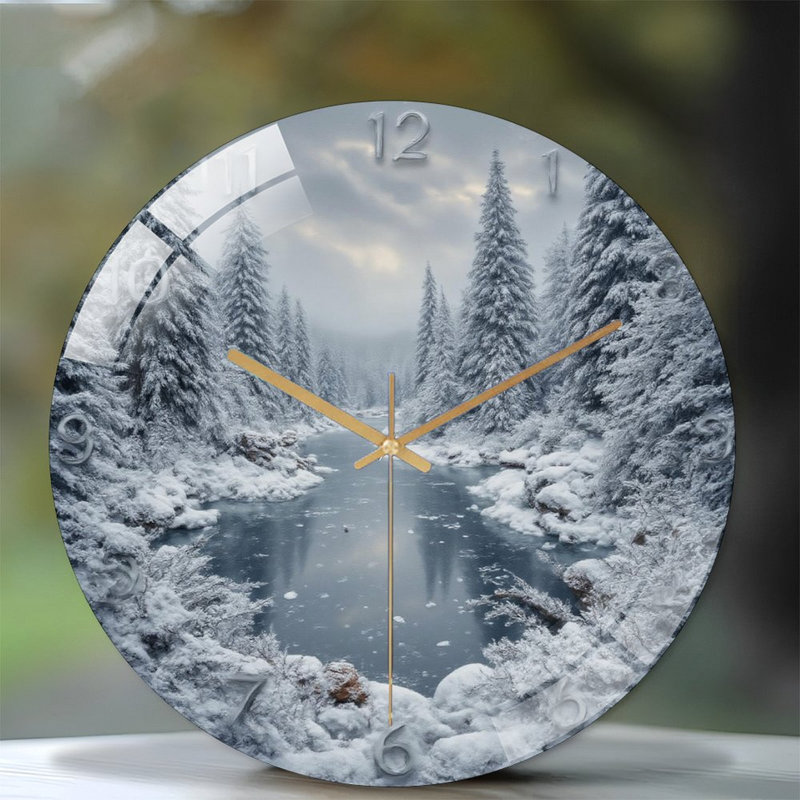Horloge-chiffres-hiver-forêt-rivière Art - horloge murale moderne en verre 12 po