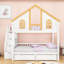 Lit superposé en bois avec porte fenêtre et toit, tiroirs de rangement et escalier-891184494