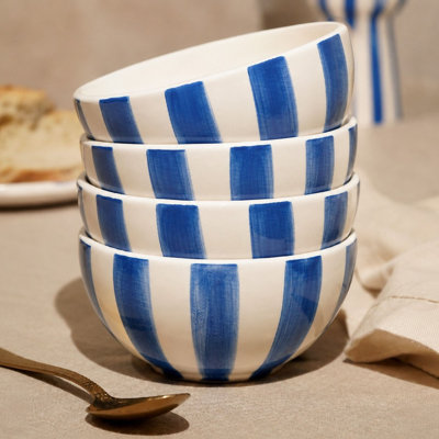 Set of 4  Blue & White Striped Bowls