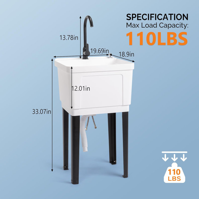Freestanding Plastic Utility Sink With Stainless Steel Faucet, White