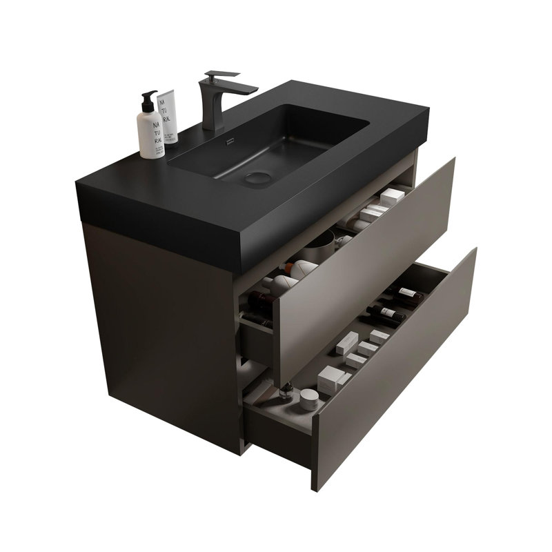 Meuble-lavabo moderne avec lavabo, Gris, Noir