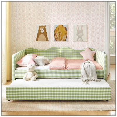 Lit double pleine grandeur, lit de jour rembourré en vichy équipé d'une structure de lit gigogne escamotable et d'une poche de rangement latérale, canapé-lit multifonctionnel en bois massif pour chambre d'enfant et chambre d'amis - vert