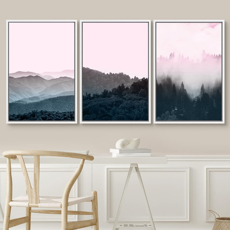«Neon Pink Sky Mountain Forest Valley Nature Landscape», 3 pièces, Blanc, H 24 po x l 16 po