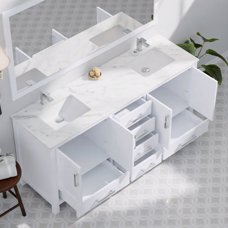 Ensemble de meuble-lavabo double 72 po x 22 po avec plateau en marbre de Carrare et robinet, Blanc, 72"