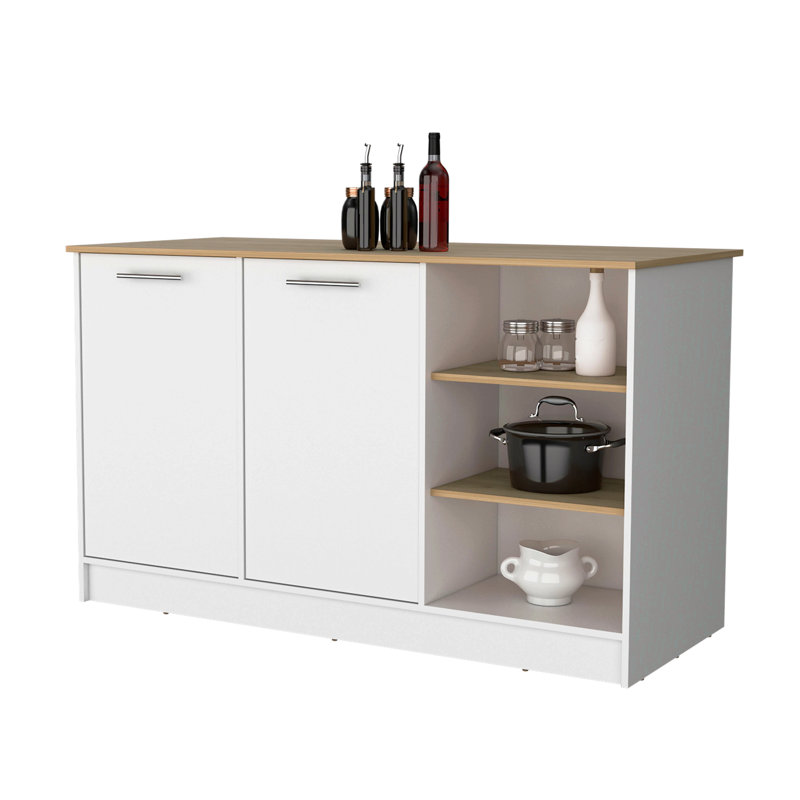 Îlot de cuisine 2 portes blanc et bois de frêne avec 3 tablettes ouvertes