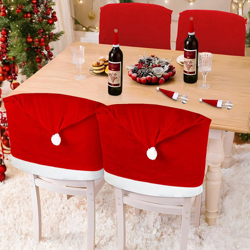 Housses de chaises de Noël - Rouge - extensible, amovible, lavable, chapeau de père Noël, protecteurs de siège de salle à manger / maison