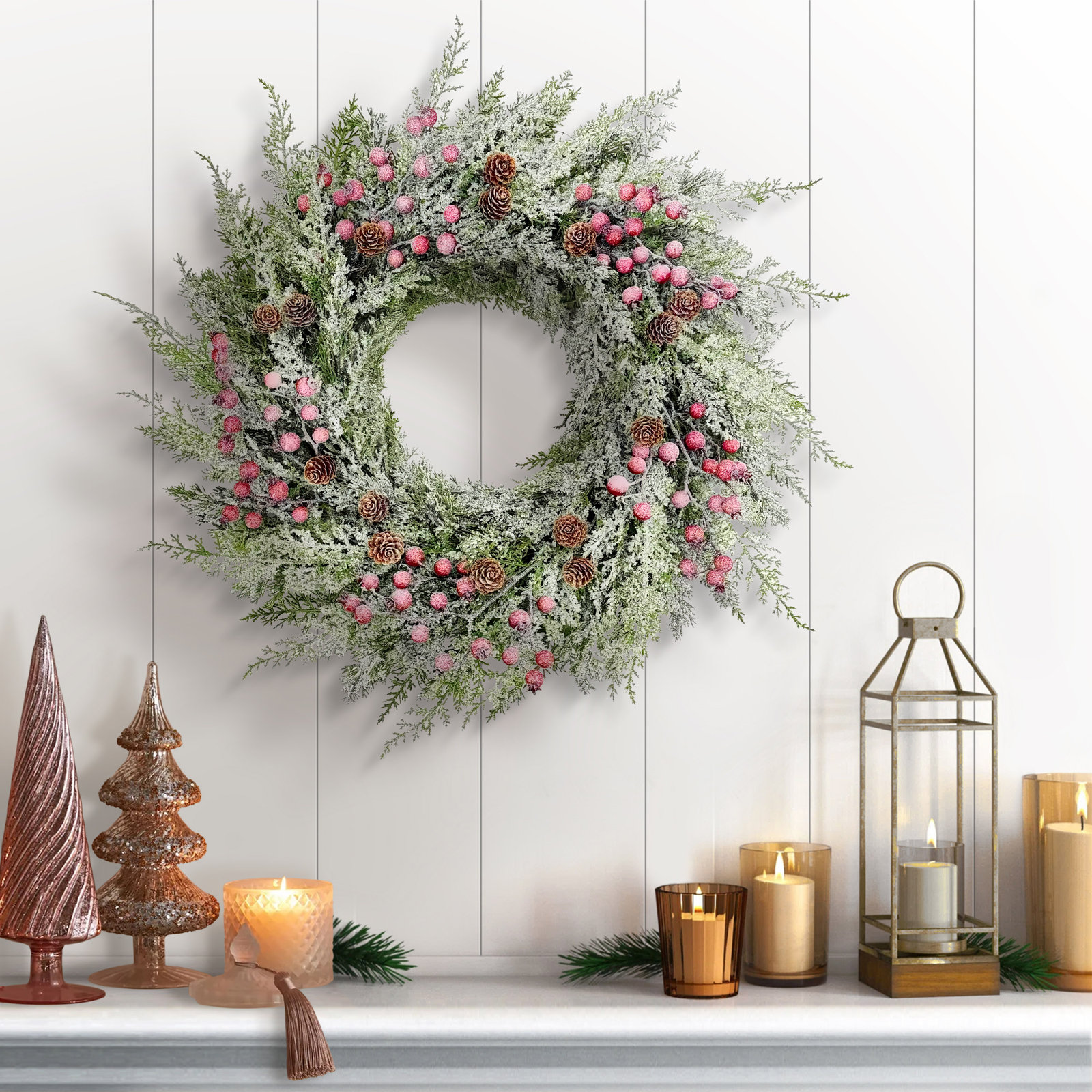 24 Inch Pre-Lit Artificial Flocked Wreath Adorned with Pinecones and Red Berries