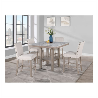 Table carrée carrée pour la cuisine ou la salle à manger, bois massif naturel clair et panneau de fibres à densité moyenne, sièges 4, plateau de 42 pouces, finition brune, conception transitionnelle