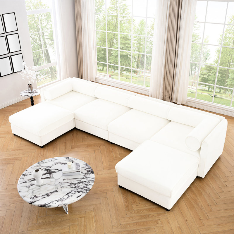 Canapé modulaire avec rangement en blanc - tissu chenille, assise profonde, cylindrique pour une expérience paisible salon modulaire chenille encastré, convertible modulaire, support