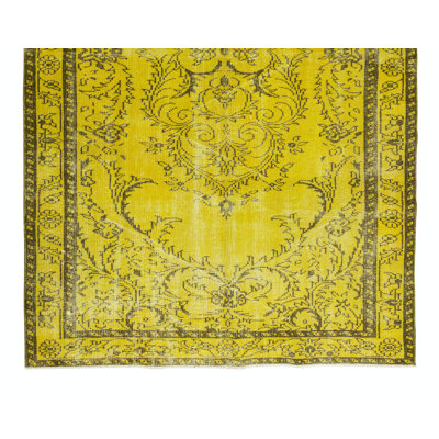 Tapis jaune surteint à motif de médaillon 5,4 x 9 pi, tapis turc moderne fabriqué à la main