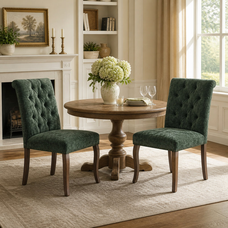 Chaise d'appoint capitonnée en chenille sans accoudoirs avec pieds en bois massif, vert olive (ensemble de 2), Vert olive