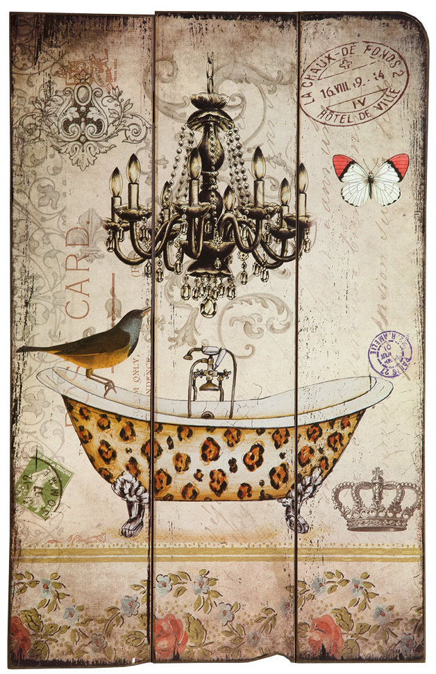 Vintage Wooden Bird with Bath Graphic Art Plaque