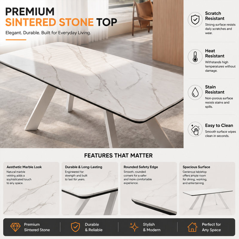 78.74" White Sintered Stone Dining Table, Modern Rectangular Kitchen Table with Angled Legs
