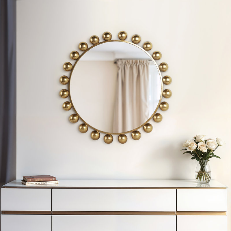 Glam Round Gold Beaded Framed Wall Mirror, 42"