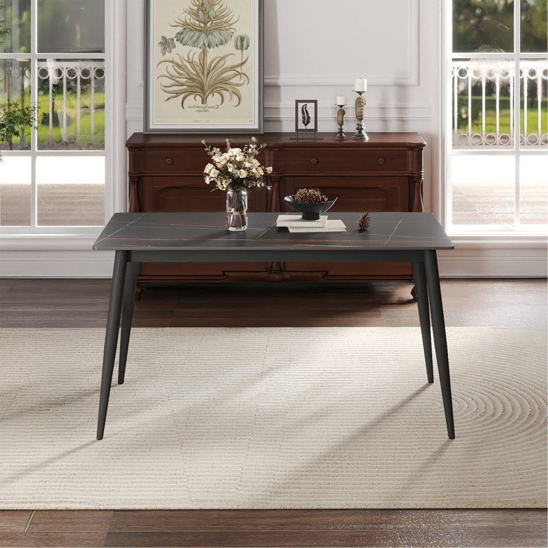 55.12" Modern Artificial Stone Black Straight Edge Black Metal Leg Dining Table-Can Accommodate 6 People(Dining Table Only)