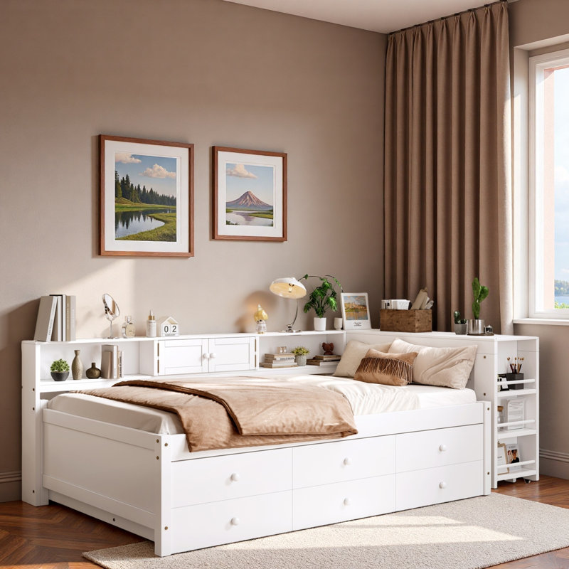 Lit de jour en bois avec tiroirs de rangement, tablettes latérales, bureau et lit gigogne, Lit simple, Blanc