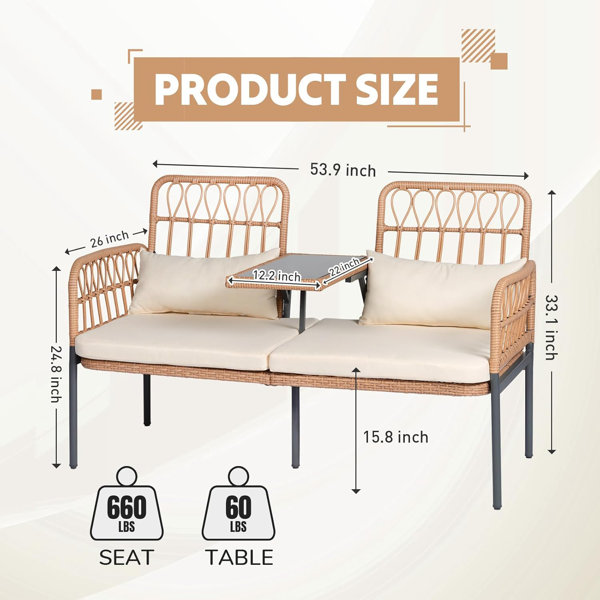 Ebern Designs Outdoor Furniture Patio Loveseat Wicker 2-Seat with Built ...