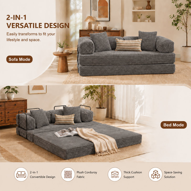 80.5" Convertible Sofa Bed With Pillows, Gray