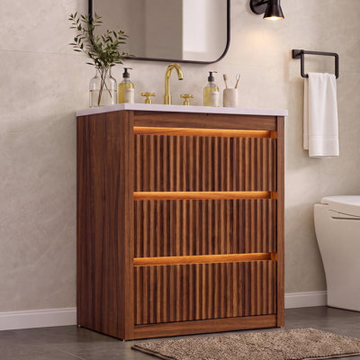 Meuble-lavabo de salle de bain cannelé 30 po avec lavabo en céramique, rangement à 3 tiroirs et lumière ambiante à DEL