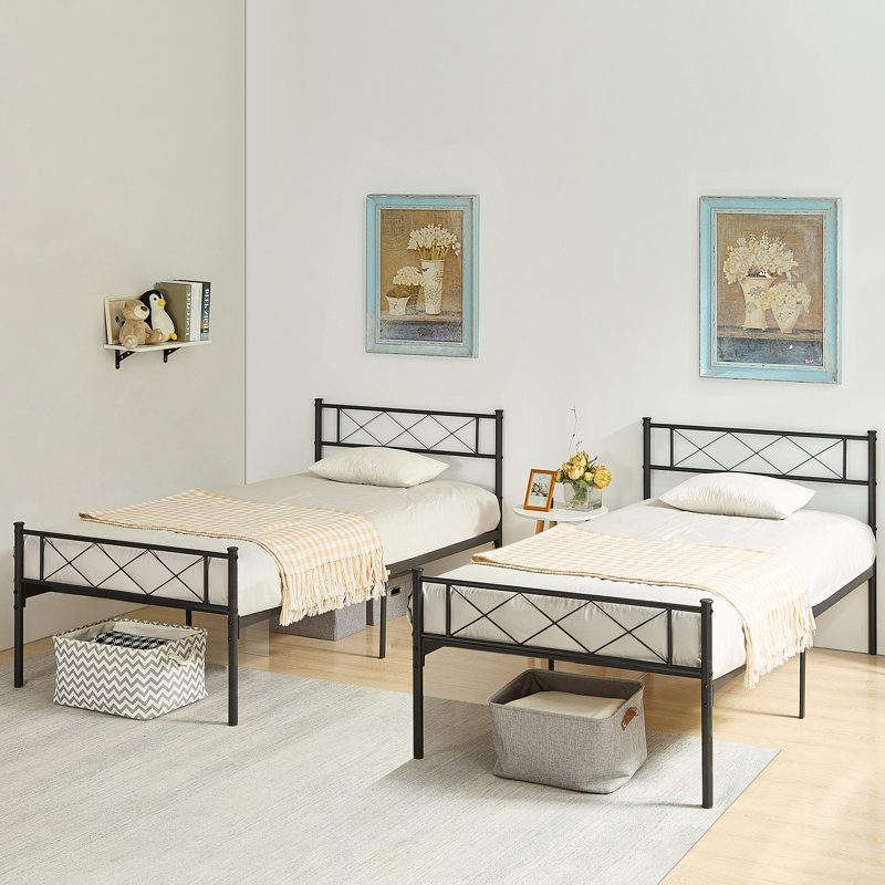 2 Set Bed Frame with Headboard and Footboard, 2 Pack Twin Size Black Metal Platform Bed with Heavy-duty Slat Support, Mattress Foundation, Noise-Free, No Box Spring Needed for Kids Room, Guest Room, or Dorm