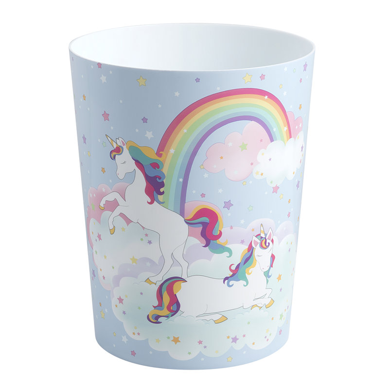 Blue Plastic Unicorn and Rainbow Kids' Wastebasket