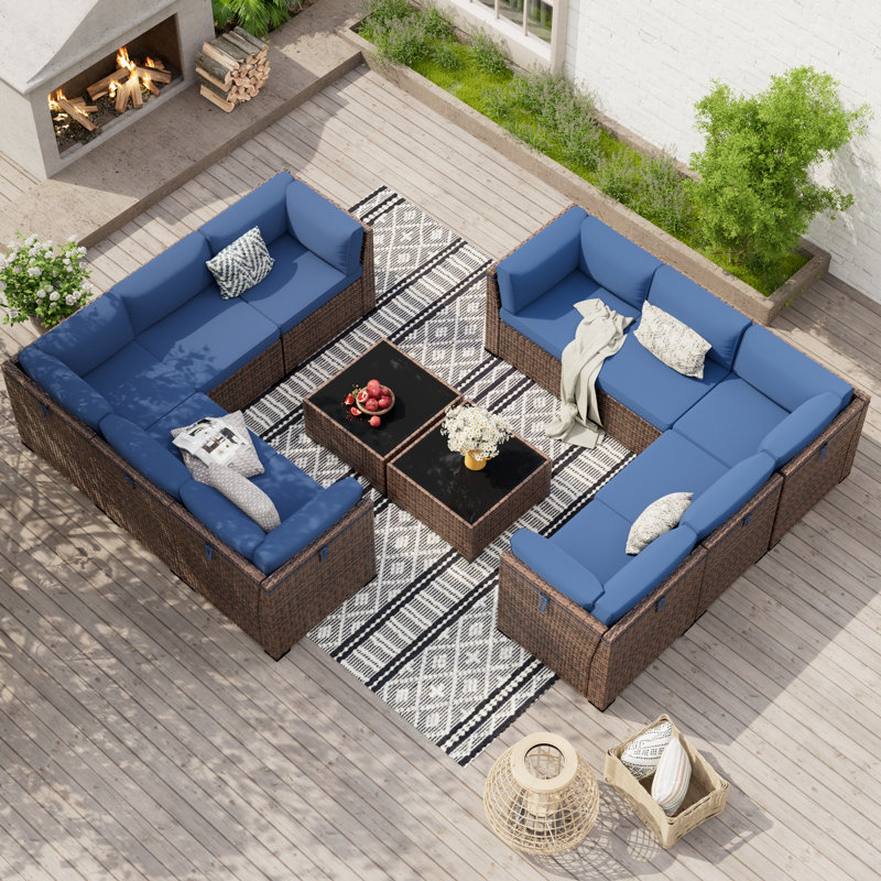 Treyshun Wicker 10 - Person Modular Patio Conversation Set with Cushions, Blue