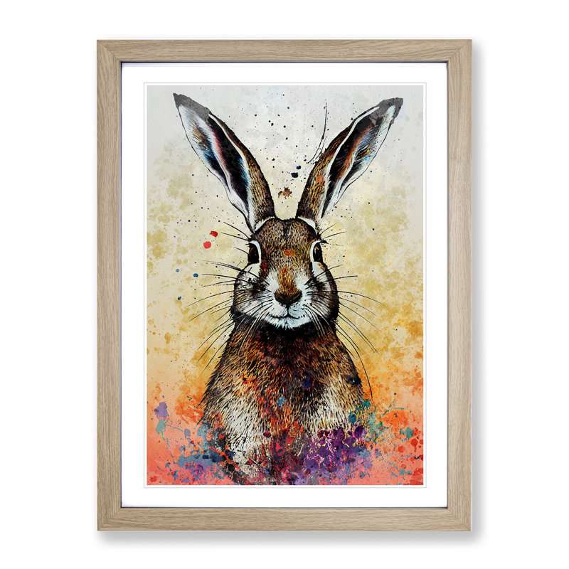 Colourful Watercolour Hare No.1 - Framed Print, 46cm H x 34cm W x 2cm D, Oak