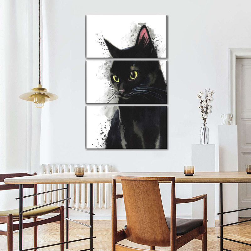 Simple chat noir sur toile, ensemble de 3 pièces, H 38 po x l 24 po x P 1,25 po